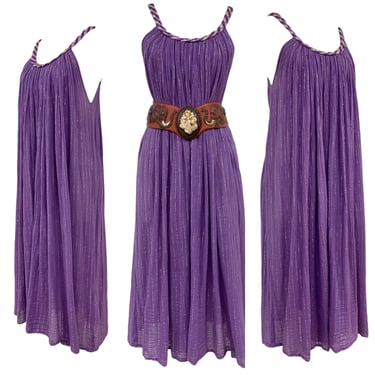 Vtg Vintage 1970s 70s Indian Gauze Lilac Lavender Silver Braided Metallic Dress 