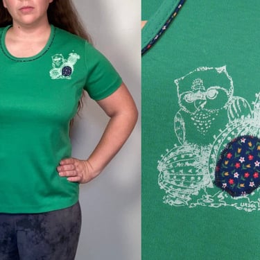 Vintage 70s Plus Size Owl Cactus Print Tshirt Made In USA Size XL 