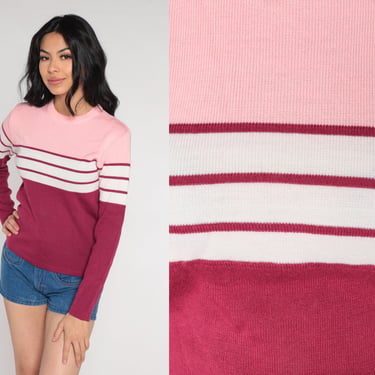 Pink Striped Sweater 80s Ossi Raspberry White Pullover Knit Sweater Wool Blend Retro Crewneck Girly Knitwear Vintage 1980s Medium M 