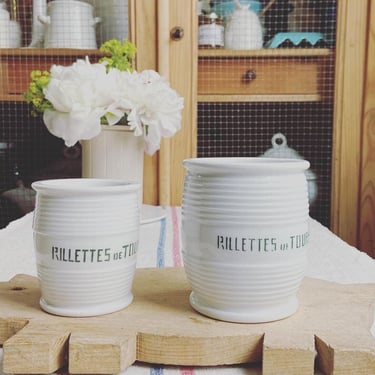 Beautiful set of 2 vintage French heavy ironstone Rillettes pots-2RP 