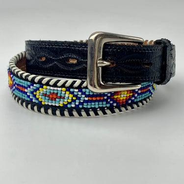 1960's Native American Inspired Beaded Belt - Black Tooled Leather - Colorful Glass Beadwork - 23 Inches to 27 Inches - Small Size 