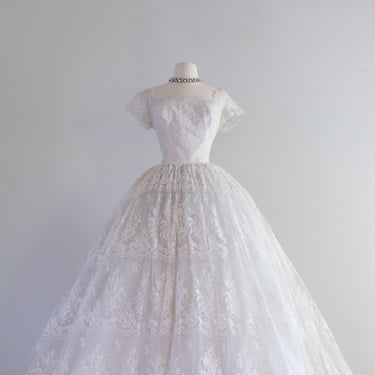 Spectacular 1950's Chantilly Lace Wedding Gown Lined in Pale Blue By Cahill / Medium
