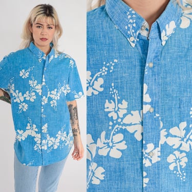Blue Hawaiian Shirt Y2k Tropical Floral Button Up Hibiscus Flower Print Retro Surfer Top Short Sleeve Vintage 00s Reyn Spooner Mens Large L 