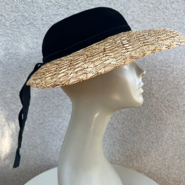 Vintage straw brim hat visor style with black velvet crown Sz 21.5 by ADJ M.S.C. 