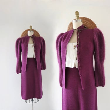 2 pc hand loomed Angora cardigan + skirt set - 27-32 - vintage 90s womens fuchsia purple hand crocheted pencil skirt size small sweater 