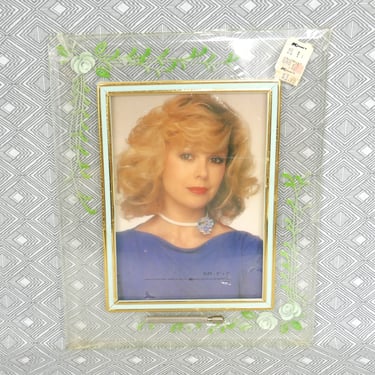 Vintage Picture Frame - Clear Plastic or Acrylic w/ Cream and Green Floral Design - Holds 5