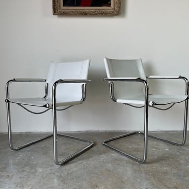 Italian Matteo Grassi White Leather and Chrome Chairs - a Pair 