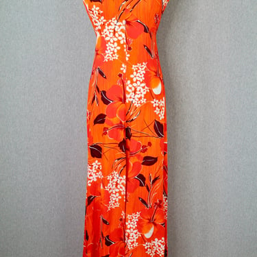 1960s 1970s Hot Orange Hawaiian Maxi - Kehaulani Hawaii - Hibiscus Print - Resort Wear, Vacation Dress, Beach - Summer Maxi - Tropical, Tiki 