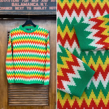 Vintage 1960’s Mod Zig Zag Wool Sweater, Ski Sweater, Great Colors, 60’s Vintage Clothing 