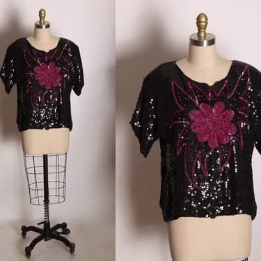 1980s Black and Dark Pink Floral Flower Sequin Short Sleeve Blouse by J.L.B. -M 