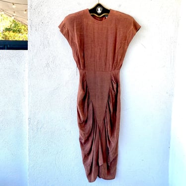 Vintage 80s Avant-Garde Metallic Bronze Dress 1980s Wiggle Strong Shoulder Sheath 