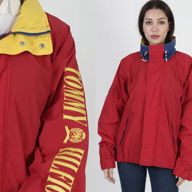 Tommy Hilfiger Sailing Jacket, Vintage Zip Up Red Windbreaker, Nylon Hooded Spell Out Designer 90s Coat 
