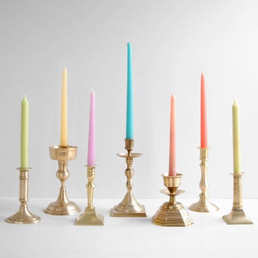 Vintage Brass Candlestick Set, Set of Seven Brass Candle Holders in Assorted Shapes and Sizes 