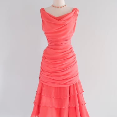 Vintage 1960's Lilli Diamond Coral Red Draped Chiffon Cocktail Dress / XS