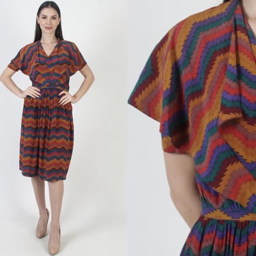 Albert Nipon Dress, Southwestern Silk Print, Vintage Striped Secretary Midi, Knee Length Skirt 