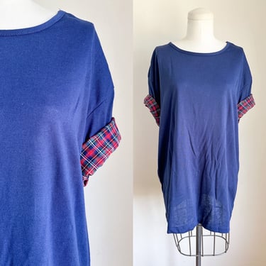 Vintage 1980s Navy & Plaid Cuffed Short Sleeve T-Shirt / L-XL (deadstock) 