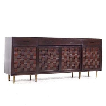 Edward Wormley for Dunbar Mid Century Mahogany and Brass Basketweave Credenza - mcm 