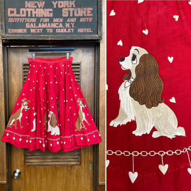 Vintage 1950’s Disney “Lady And The Tramp” Novelty Print Cotton Rockabilly Circle Skirt, 1950s Circle Skirt, Rockabilly, Disney, Dogs, Heart 