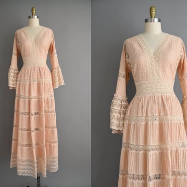 vintage 1970s Dress | Gorgeous Bell Sleeve Cotton Lace Full Length Wedding Party Dress | Large XL 