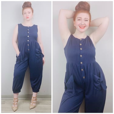1980s Vintage Navy Blue Knit Bloom Playsuit / 80s / Eighties Cotton Tank Cropped Jumpsuit / Size Large - XL 