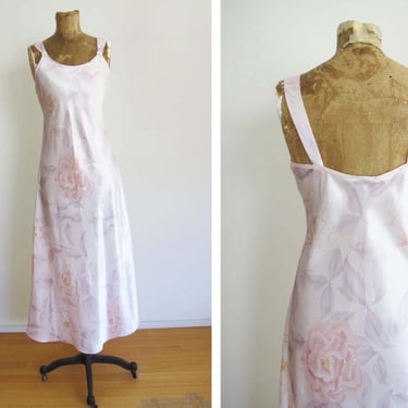 Vintage 90s Satin Floral Bias Cut Slip Dress Nightgown S - Romantic Pastel Pink Purple Nightie Jones New York 