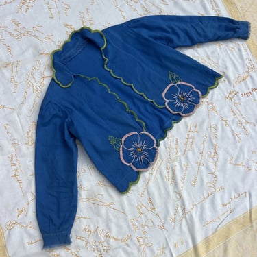 Vintage 1930s Blue Cotton Embroidered Floral Jacket Cropped Fit Scalloped Hem