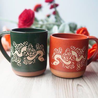 Snake and Roses Mug - boho floral snakes handmade pottery 
