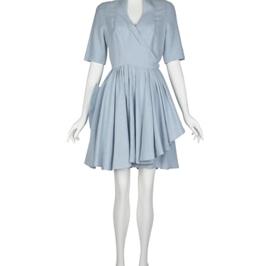 Thierry Mugler Vintage 1980s Light Blue Chambray Linen Fin Collar Mini Dress