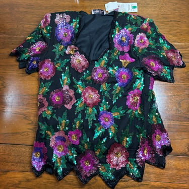 Vintage NWT Lawrence Kazar Flora Beaded Sequin Silk Blouse, Size M 