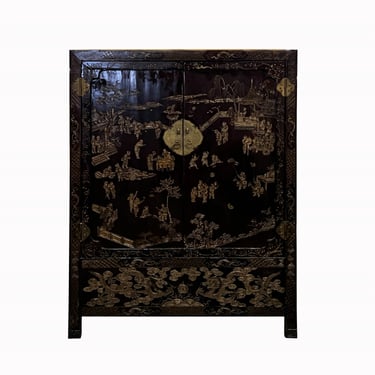 Vintage Asian Black Lacquer Golden Carving Side Table Credenza Cabinet cs7586E 