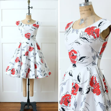 vintage 1950s red rose print dress • fit & flare full skirt white cotton dress with abstract red roses 