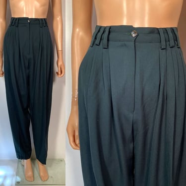 Vintage 80s Hunter Green High Waist Pleat Front Trousers Made In USA Size 26x30 