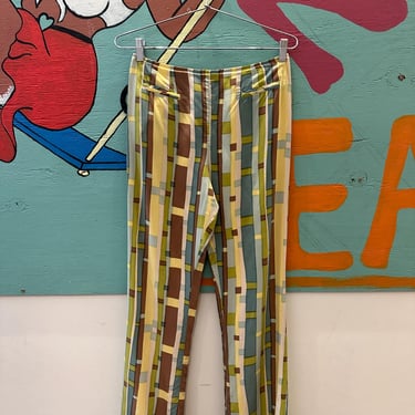 90s / y2k Betsey Johnson Silk Striped Abstract Plaid Pants / Watercolor / Brush Stroke / Brown and Blue / The Nanny / Allover Print / M / S 