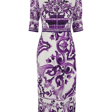 Dolce & Gabbana Violet Crewneck Dress With Rear Zip Closure And All-Over Floral Print In Silk Stretch Woman