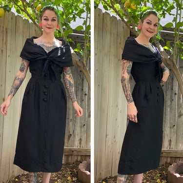 Vintage 1950’s Black Dress with Shawl Collar 