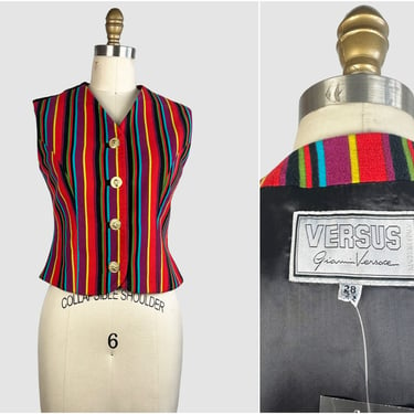 GIANNI VERSACE VERSUS Vintage 90s Striped Vest | 1990s Velveteen and Suede Top | 80s 1980s Italian Designer, Made in Italy | Size Small 