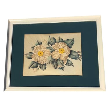 Mid Century White Camellia Botanical Floral Lithograph Print in Original Frame 