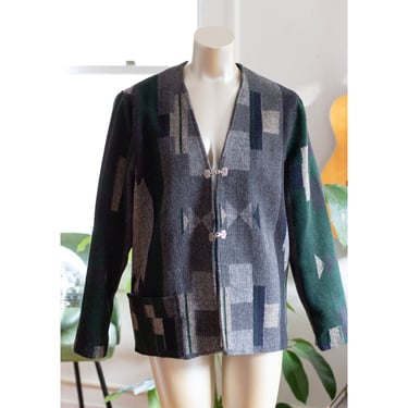 Vintage Southwestern Blazer - 1990s - Boxy Wool Jacket  - Green, Gray, Black 