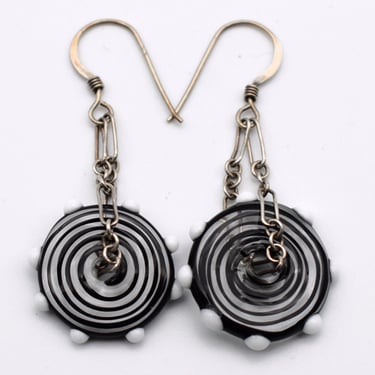 70's black peppermint gumdrop edged glass 925 silver dangles, whimsical swirl candy sterling earrings 