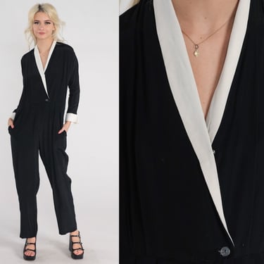 Black Tapered Jumpsuit 90s Playsuit High Waisted Romper Pants Wrap Button Deep V Neck Long Sleeve Simple Chic Formal Vintage 1990s Medium M 