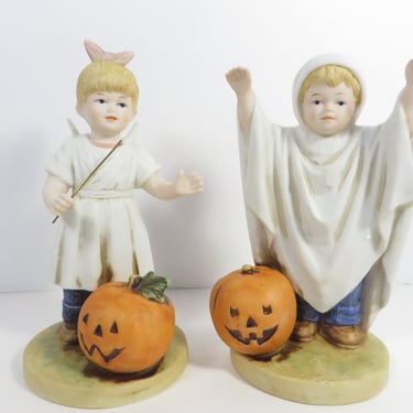 Vintage Denim Days Homco 1516 Halloween Figurine Children - Homco Porcelain Bisque Halloween Denim Days Girl and Boy 