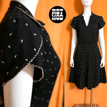 Lovely Vintage 70s Black Paisley Mid-Length Pleated Skirted Dress 