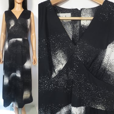 Vintage 70s Black And White Galaxy Print Maxi Dress Size M 