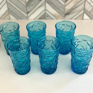 Anchor Hocking Lido Milano Blue Juice Glasses, Set of 6, Vintage Bumpy Crinkle Glass, Mid Century, Retro 70s Glassware 
