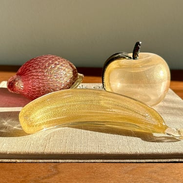 Vintage Murano fruit choice of banana, lemon and apple with gold leaf aventurine / handmade blown art glass Ercole Barovier, Alfredo Barbini 