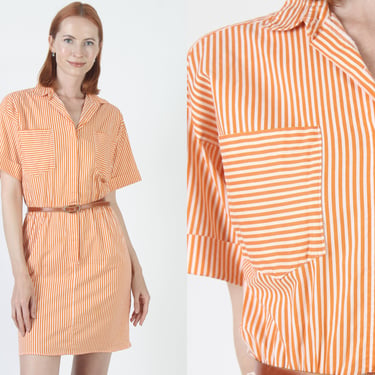 Vertical Orange Striped Menswear Dress / 80s Minimalist Wear To Work Outfit / Vintage Secretary Style Button Up Frock 