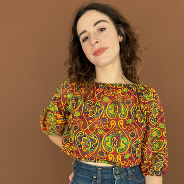 70s Paisley Puff Blouse Crop