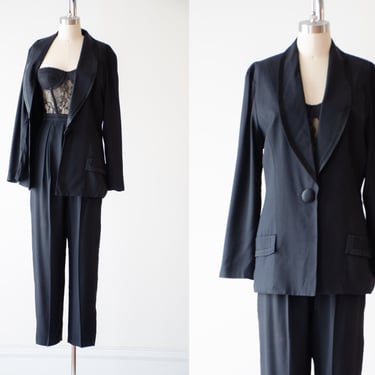 black vintage suit | 80s 90s vintage tuxedo style dark academia high waisted pants and blazer jacket 