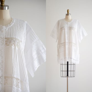 white lace nightgown 70s vintage kimono sleeves white cotton robe 