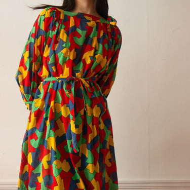 Late 1970s Jean Muir "JM Cotton" Voile Printed Smock Dress 